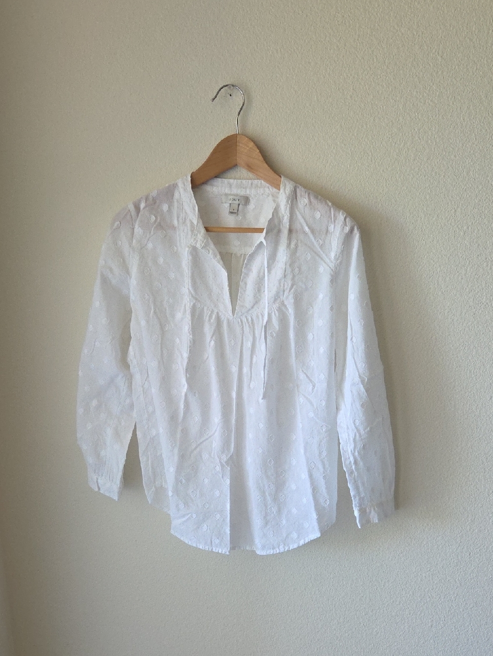 J. Crew White Peasant Blouse 100% Cotton Polka Dot Texture Pattern Sz 8 Flowy